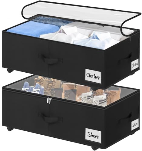 Kukikan Contenitore sotto il letto su ruote, confezione da 2 pezzi, 24 cm, XXL, 60 l, borsa portaoggetti con cerniera, semplice da montare, con coperchio ed etichetta, cassetti sotto il letto per