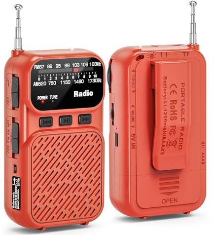 Tendak Mini Radio Portatil Pequeña Recargable, Bolsillo Radio FM Am con Batería de 1200 mAh, Radio Transistor por Pilas AAA con Lámpara/Bluetooth/TF, Carga USB-C