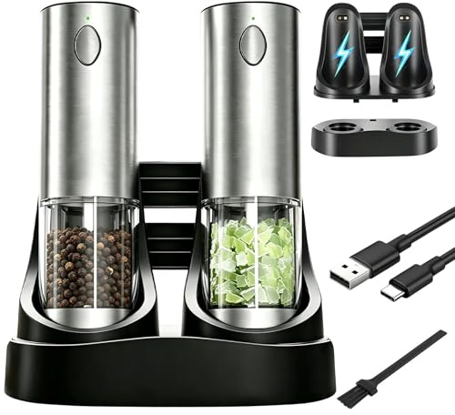 AURIVEE® Macinasale e Pepe Elettrico Set – Macinino in Ceramica, Macinatura Regolabile, Luce LED, Ricaricabile USB-C, 2-in-1 Macina Spezie per Cucina & Tavola