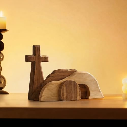 Generico Decorazione Pasquale con Sepolcro Vuoto - Statuetta in Legno della Scena della Resurrezione, con Croce E Design A Strati, Nascita Religiosa per Casa, Regalo Fede per Credenti