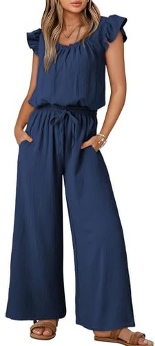 QUNERY Combinaison Ete Femme Casual Combishort Femme Encolure Carrée et Manches Papillon Salopette Casual Jumpsuit avec Cordon de Serrage et Poches