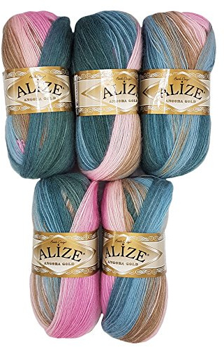 Alize 5 x 100 g Strickwolle Mehrfarbig mit Farbverlauf, 500 Gramm Strickgarn mit 20% Wolle-Anteil (rosa beige petrol 2970)