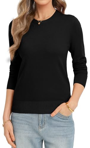 QUALFORT Women's Sweater Crewneck Sweater Pullover Black Knitted Jumper Tops Large