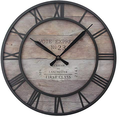 Timelike Stunning Silent Skeleton Indoor/Garden Large Wall Clock Roman Numeral Open Face Metal Clock Round Iron Black (40 CM) (Wooden-black)