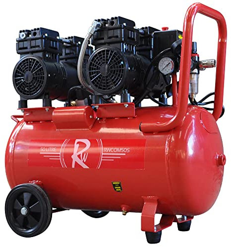 Air Compressor Electric 50L Litre 2HP 1500w Portable 8bar 116psi 11CFM 5 Piece Accessories Kit Workshop Garage 230v 3 Pin 13amp UK Plug Red Low Noise 39kg