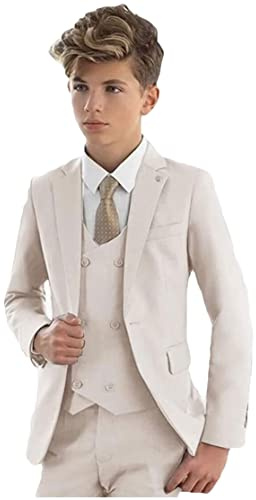 Formel 3 pièces pour garçons - Veste à revers en pointe - Pantalon - Costume de fête pour garçons - Costume de mariage pour enfants, beige, 16 ans