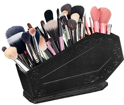 Maitys Coffin Makeup Brush Holder Gothic Wooden Organizer Spooky Coffin Case Gifts for Women Cosmetic Display Cases Spooky Home Office Pencil Brushes Organizer Bathroom Christmas Decor Accessories