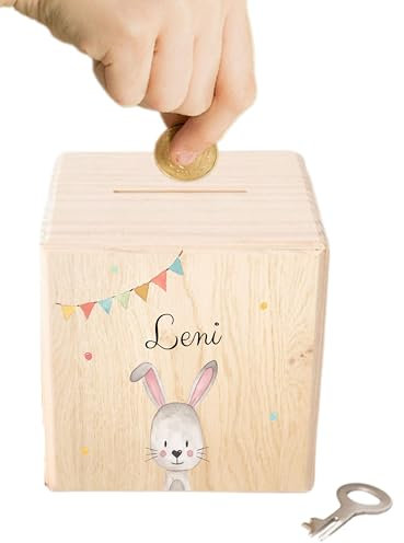 wunderwunsch - Personalisierte Spardose Kinder aus Holz mit Metallschloss - Spardose mit Namen mit kinderfreundlichem UV-Druck zum Sparen für Kinderträume