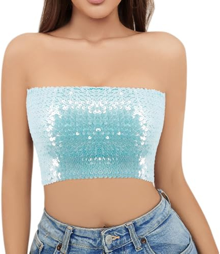 Naimo Crop Top à paillettes pour femme - Épaules dénudées - Bandeau - Sans bretelles - Chemisier de fête, bleu clair, Einheitsgröße