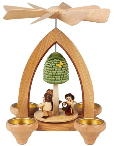 Seiffener Volkskunst Lorenz | Moderne Erzgebirgische Weihnachtspyramide | Teelichtpyramide Pyramide aus Holz | Weihnachtsdeko | 25 cm | mit Frühlingsgarten