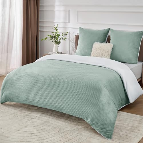 Bedsure Ropa de cama mullida de 155 x 220 cm, verde, funda nórdica de invierno de forro polar con 2 fundas de almohada de 80 x 80 cm, cálida con cremallera, de invierno