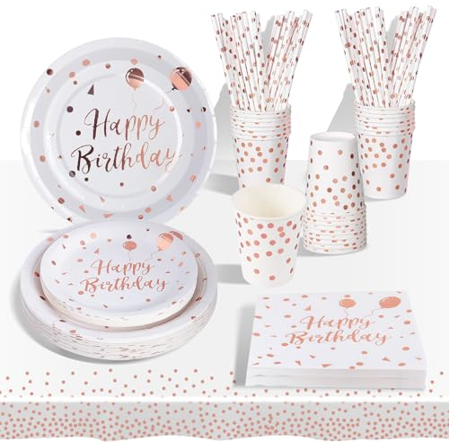 AIPartywar Vajilla de fiesta de cumpleaños infantil, 193 piezas, 24 invitados, rosa sobre blanco, vajilla de fiesta con vasos, servilletas, mantel, platos de papel, cumpleaños para niñas, para fiestas