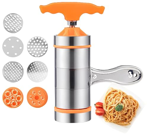 Pressa per tagliatelle – Pressa manuale per noodles, 7 stampi per pasta | Strumento per spaghetti per la casa in acciaio inox, da cucina, 18 x 6 cm