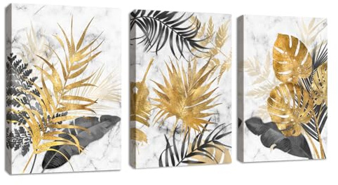 FajerminArt 3pcs Quadri Moderni Grande Stampa su Tela Con Cornice Marmo Tropicale Grigio Oro Foglie pittura su tela poster Decorazione Murale Adatto Soggiorno Camera da letto 150x70cm(50x70cmx3)