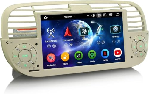 Erisin 7 Pulgadas 8-Core 4GB+64GB Android 16 GPS Navegación Estéreo de Automóvil para Fiat 500/500C/500S/500E IPS Pantalla táctil Soporte Wireless CarPlay Android Auto DSP Bluetooth WiFi Dab+ Canbus