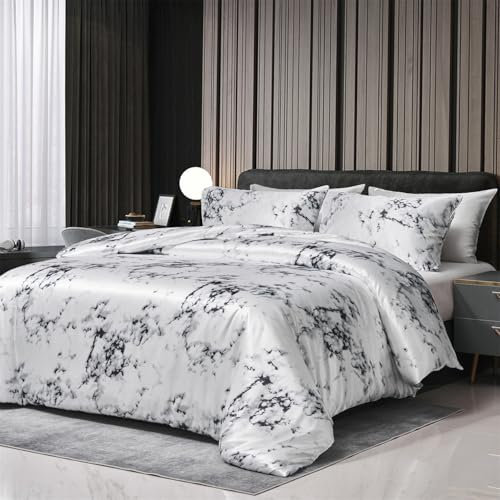 Boqingzhu Satin Bettwäsche 200x200cm Grau Weiß Marmor Optik Muster Modern Aesthetic Edel Seide Bettwäsche Set Sommer Winter Doppelbett Bettbezug 200 x 200 cm und Kissenbezug 80 x 80 cm