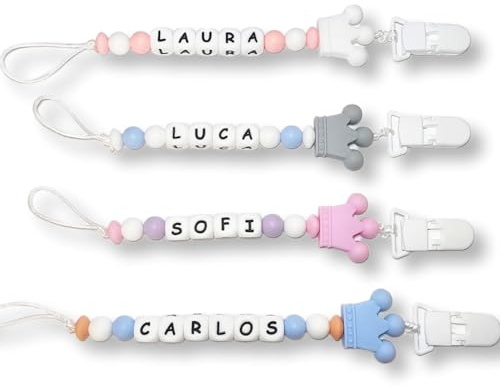 TetebyNoa Chupeteros Personalizados con el Nombre de su Bebe. Seleccione Color, Diseño y Nombre de la Cadena del Chupete. Sujetachupetes Seguros y Divertidos (Coronas)