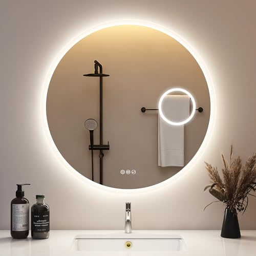STARLEAD Rund LED-badrumsspegel med belysning 80 cm, Bluetooth, 5 x förstoringsglas, badrumsspegel med belysning, dimbar, 3 ljusfärger, avskalning, minnesfunktion, HD härdat glas, IP44 vattentät
