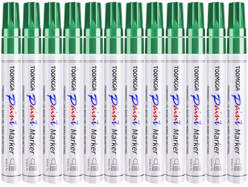 Green Permanent Paint Pens Paint Markers - 12 Pack Oil Based Markers, Quick Drying and Waterproof Marker Pen, Car Tire, Metal, Rock Painting, Wood, Fabric, Plastic, Canvas, Mugs