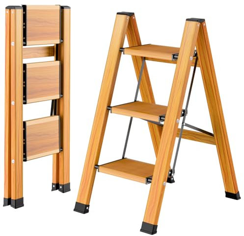 OTOmitra Escalera plegable de aluminio con 3 peldaños, portátil, antideslizante, con diseño de vetas de madera, soporta hasta 150 kg para el hogar, cocina, baño, camping