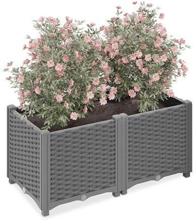 Relaxdays Huerto Urbano, Efecto Ratán, 38 x 80 x 40 cm, Jardín, Balcón y Terraza, Depósito de Agua, Jardinera, Gris