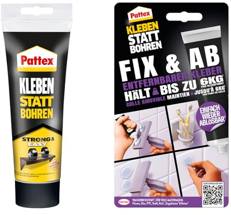 Pattex Set monteringslim limning istället för borrning 250 g, stark och lätt, för kristallklar bindning och limning istället för borrning, Fix & från 44 g, kraftlim håller upp till 6 kg, avtagbart