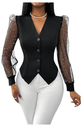 Floerns Women's Casual Button Blouse Blazer V Neck Sequined Lantern Mesh Sleeves Business Blouse Black Medium