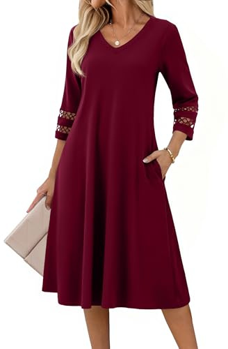 Zeagoo Robe d'été élégante pour femme - Manches 3/4 - Manches en dentelle - Robe tunique avec poches - Col en V - Robe décontractée