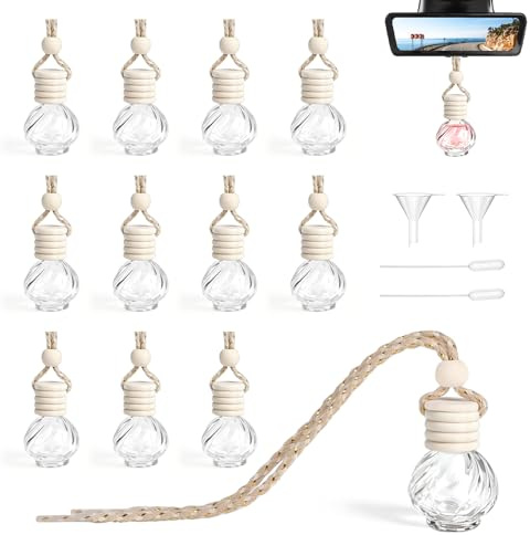 EXLECO 12 st. bilparfym, flaska, tom, 9 ml, bildoft, för självfyllning, påfyllningsbar, bil-luftfräschare, parfymflaska, bil, eterisk olja, diffuser, hänge, glas för hem, kontor, parfym, dekoration