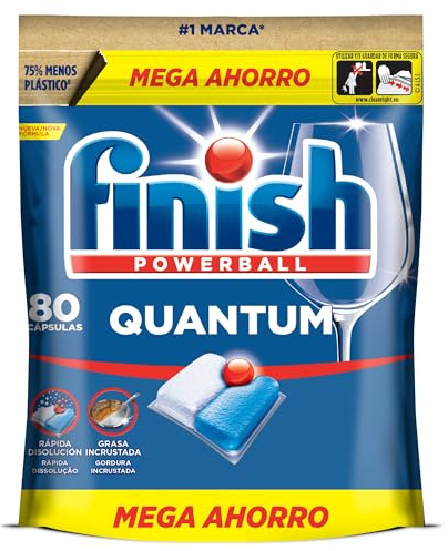 Finish Powerball Quantum All in 1 Pastillas para el lavavajillas todo en 1, limpieza profunda y brillo superior, 80 pastillas