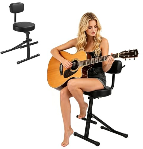 SaftSpzre Gitarrpall med ryggstöd, höjdjusterbar gitarrsits med gitarrhållare och fotstöd, vikbar ståpall för akustisk basgitarrer, gitarrer och bas tillbehör, svart
