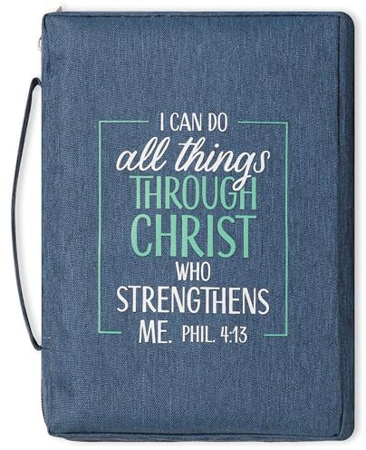 Christian Art Gifts Men/Women's Bible Cover I Can Do All Things Philippians 4:13, Blue/Turquoise Canvas, Large