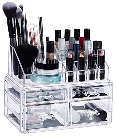 Relaxdays, transparent Organizer mit 4 Schubladen, Make Up Kit für Lippenstift, Nagellack, Kosmetikregal Acryl, Standard