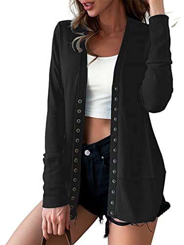 VERABENDI Women's Long Sleeve Button Down V Neck Knit Sweater Cardigans Black L
