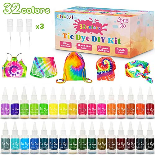 lenbest DIY Tie Dye Kit - 32 Färbe-Set für Kinder - Erwachsene und Gruppen - Ungiftige Hemd Stoff Farbe - Textilfarbe waschmaschinenfest, Partys - Versammlungen