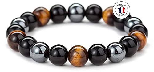 Attraction Zen BRACELET TRIPLE PROTECTION PIERRES NATURELLES | Bracelet Extensible | Oeil de tigre - Obsidienne noire - Hématite (10mm)