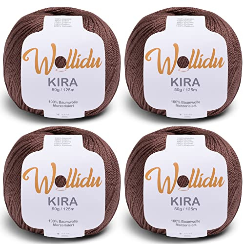 Wollidu, “Kira”, 100% cotone, per lavorare a maglia e a uncinetto, 4 pezzi da 50 g l’uno, marrone