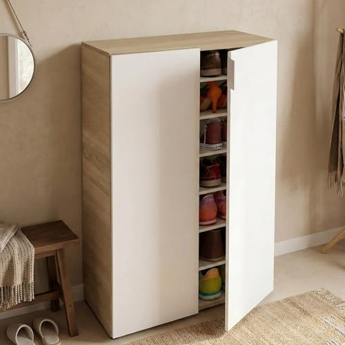 Dmora Armoire Multifonction 6 étagères, capacité 28 Paires de Chaussures, Couleur Blanche, Dimensions 70 x 103 x 36 cm, Bois d'ingénierie métal ABS Aluminium, Blanc et Chêne, Big