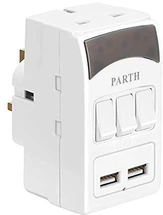 PARTH Travel Adapter, Shaver Plug Adaptor UK Triple Plugs, USB Adapter Plug 3 Way Mains Switched 13A, Individual Switches Block Socket, Multi Plug Adaptor Electric Toothbrush Adapter Plug Extension