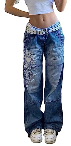 ticticlily Pantaloni Jeans Donna Baggy Y2K Vita Alta Gamba Dritta Larga Jeans Hip Hop Danza Pantalone Denim Lavato Svasato Punk Sciolti E-Girl Estetica Anni '90 Streetwear A Blu M