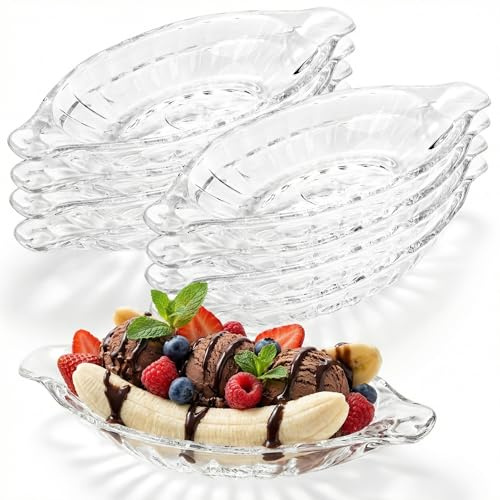 Goaste 8-pack banan delade skålar, 237 ml glasglasglasskålar, genomskinliga banan delade båtar, genomskinliga serveringstallrikar för frukt, yoghurt, glass, brownies, mellanmål, sallad, vindruvor