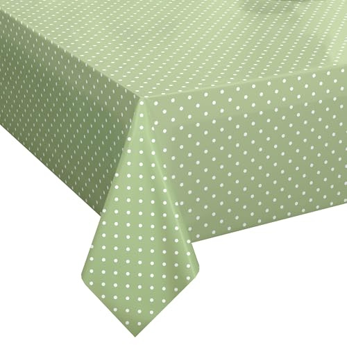 QPC Direct Sage Green Polka Dot PVC Oilcloth Table Cover Vinyl Tablecloth 140 x 200cm Rectangle