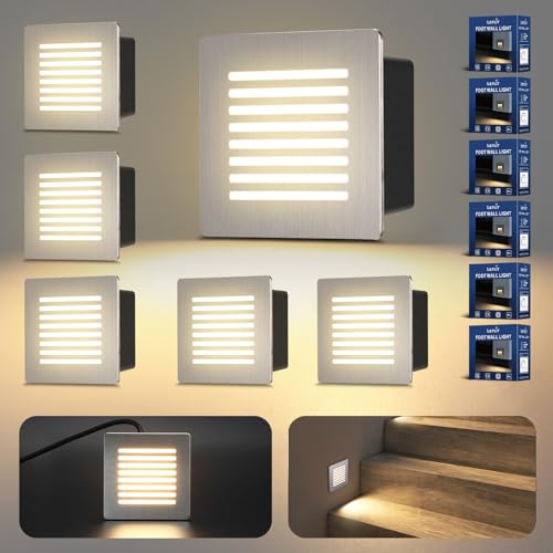 Letlit 6er Set Treppenbeleuchtung 3W, LED Treppenstufenbeleuchtung 230V 3000K, IP65 300lm Einbauleuchten Beleuchtung Lampe 85 x 85mm für Wand Treppenhaus, Unterputzdosen 68mm, Nickel Gebürstet