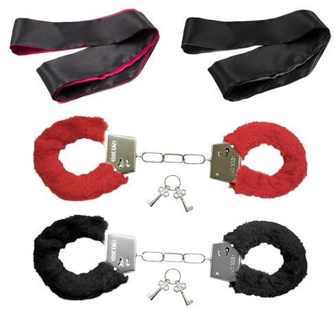 2 Pairs Handcuffs Set with 4 Keys & 2 Sleeping Mask, Fluffy Handcuffs, Metal Handcuffs Gifts for Cosplay Valentine's Day Birthday Prop Dress Ball Party(Black+Red)