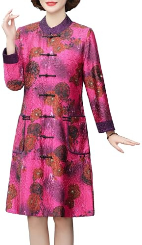 Bitablue Women’s Mandarin Collar Traditional Peony Crinkled Long Chinese Reversible Jacket (Fuchsia, Large)