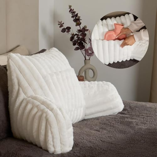 OHS Sit Up in Bed Pillow Cuddle Cushion, Ribbed Faux Fur Reading Pillow Sofy Cosy Gaming Cushion with Heatable Pocket Back Support Cushions with Arms Relaxing Comfy, Cream