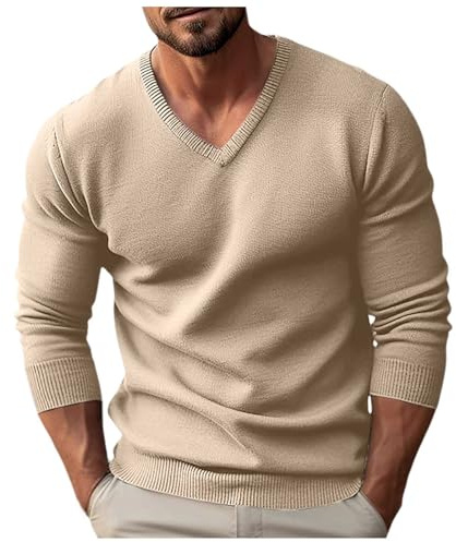 Cexiakong Jersey de punto para hombre, cuello de pico, jersey básico de invierno, cálido, suéter de trabajo, para otoño e invierno, manga larga, holgada, beige, L