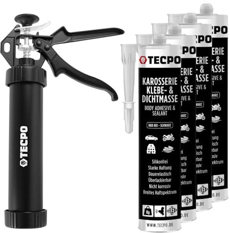 TECPO Karosserie Klebe- und Dichtmasse, 4X 370g schwarz Karosseriekleber mit Aluminium Kartuschenpresse