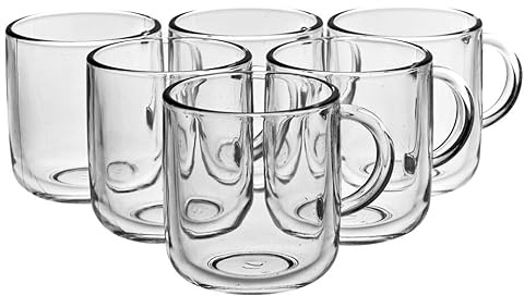Queensway Home & Dining 6-Piece Iconic Glass Mug Set - Clear Coffee & Tea Cups with Easy-Grip Handle for Hot & Cold Drinks, Ideal for Everyday Use, Dishwasher Safe, 245 ml