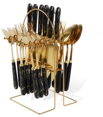 Juego de cubiertos de acero inoxidable de 24 piezas con soporte para colgar, servicio para 6 utensilios, juego de vajilla pulida con espejo, tenedores, cuchillos y cucharas para cocina en casa (negro)